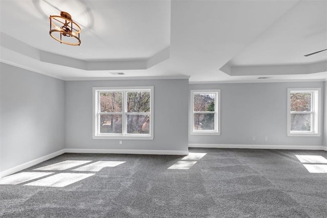 unfurnished room with a raised ceiling, carpet flooring, visible vents, and baseboards