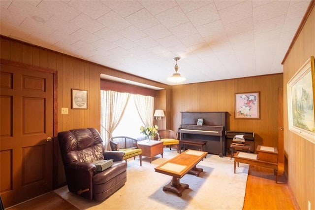 living room featuring wood walls and wood finished floors