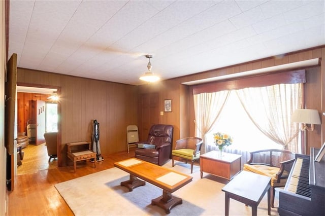 living room featuring wood walls, wood finished floors, and a wealth of natural light