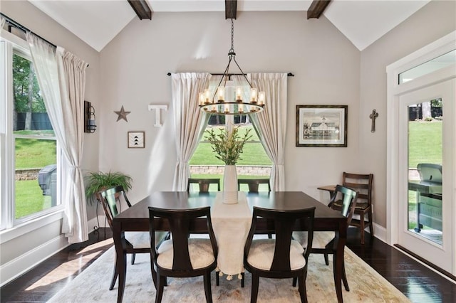 dining space with an inviting chandelier, dark hardwood / wood-style floors, beamed ceiling, and high vaulted ceiling