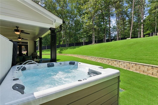 exterior space featuring a hot tub and ceiling fan