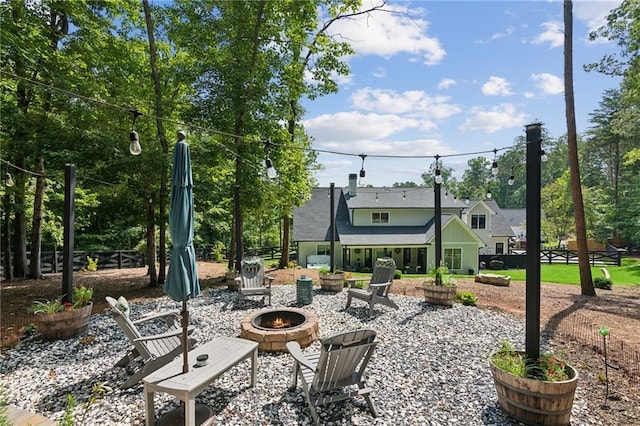 view of patio / terrace with a fire pit