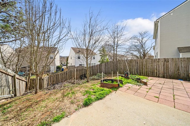 view of yard featuring a vegetable garden, a fenced backyard, and a patio