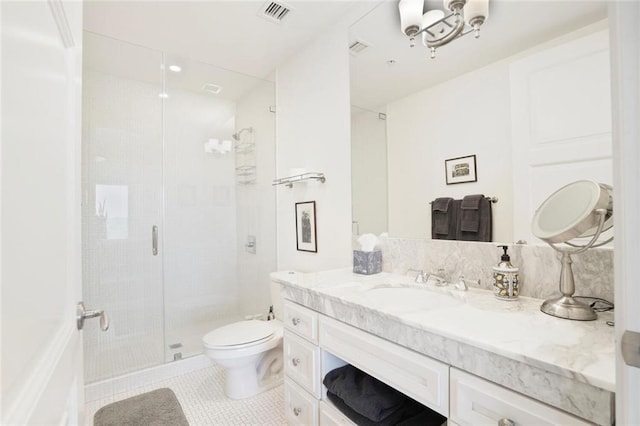 1820 Peachtree St NW Unit 1008, Atlanta, GA 30309 - full bathroom featuring vanity, a shower stall, toilet, tile patterned flooring, and a chandelier