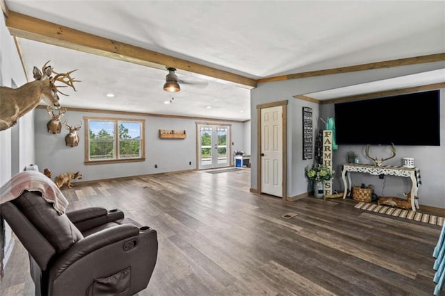 437 Crabapple Rd, Dahlonega, GA 30533 - living room with wood finished floors, beam ceiling, and recessed lighting
