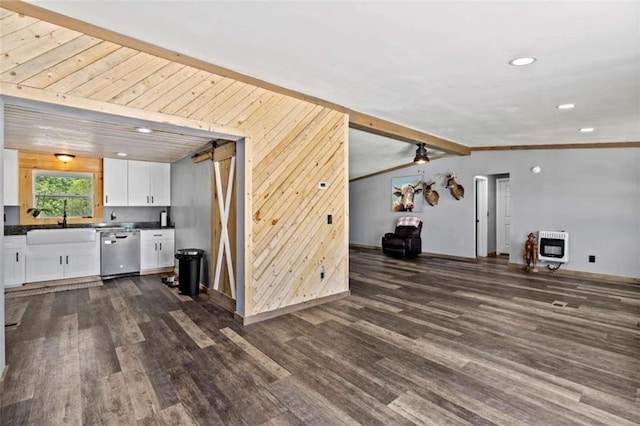 437 Crabapple Rd, Dahlonega, GA 30533 - unfurnished living room featuring heating unit, dark wood-type flooring, recessed lighting, and wooden walls