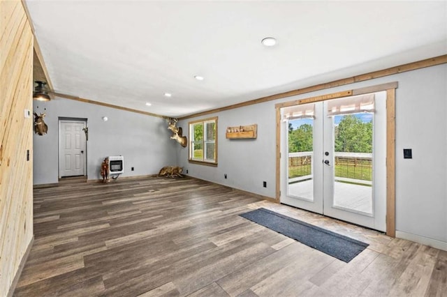 437 Crabapple Rd, Dahlonega, GA 30533 - unfurnished living room featuring heating unit, wood finished floors, french doors, and recessed lighting