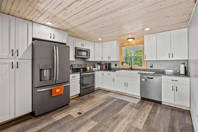 437 Crabapple Rd, Dahlonega, GA 30533 - kitchen with stainless steel appliances, wood ceiling, white cabinetry, dark countertops, and dark wood finished floors