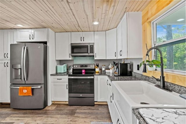 437 Crabapple Rd, Dahlonega, GA 30533 - kitchen with stainless steel appliances, wooden ceiling, white cabinetry, recessed lighting, and wood finished floors