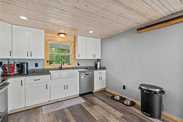 437 Crabapple Rd, Dahlonega, GA 30533 - kitchen with dishwasher, wood ceiling, white cabinets, dark wood-style flooring, and recessed lighting