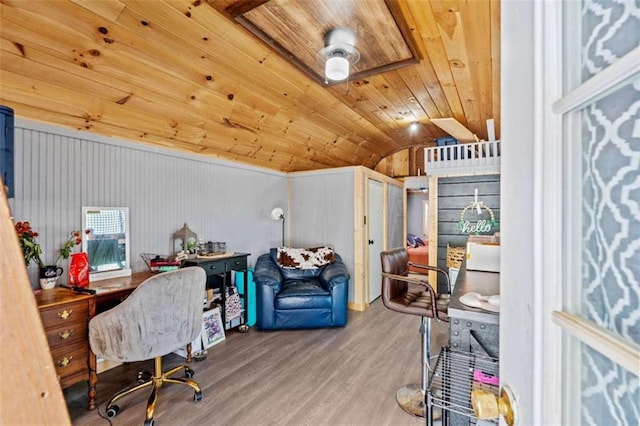 437 Crabapple Rd, Dahlonega, GA 30533 - home office with wood ceiling, wood finished floors, lofted ceiling, and wood walls