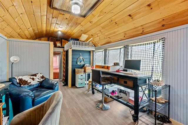 437 Crabapple Rd, Dahlonega, GA 30533 - office featuring lofted ceiling, wood ceiling, wood walls, and wood finished floors