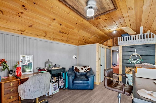 437 Crabapple Rd, Dahlonega, GA 30533 - office with wood finished floors, vaulted ceiling, wood ceiling, and wood walls
