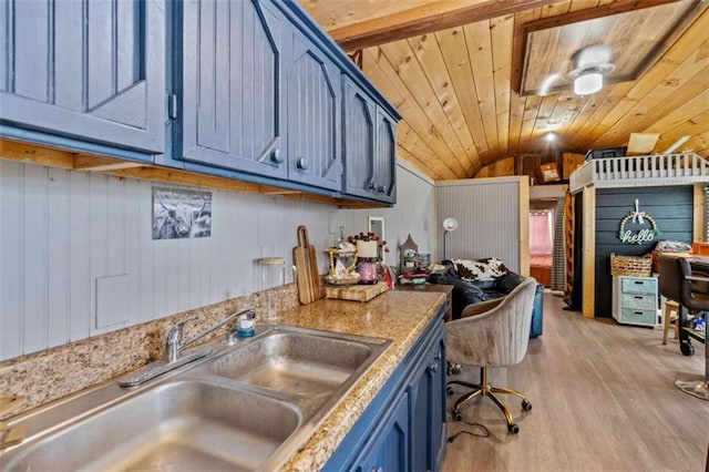 437 Crabapple Rd, Dahlonega, GA 30533 - kitchen with blue cabinets, vaulted ceiling, light wood-type flooring, and wooden ceiling
