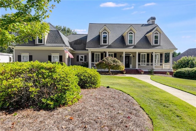 new england style home featuring a front lawn and covered porch