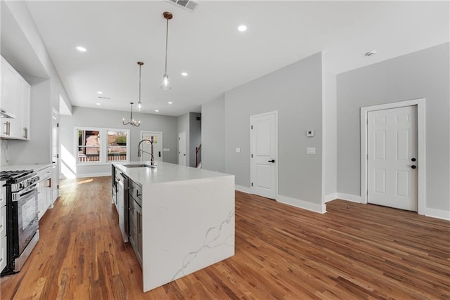 kitchen featuring a sink, wood finished floors, recessed lighting, appliances with stainless steel finishes, and white cabinets