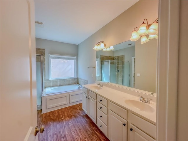 bathroom featuring a shower stall, wood finished floors, double vanity, and a sink