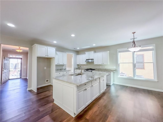 3780 Baxley Pine Trl, Suwanee, GA 30024 - kitchen with under cabinet range hood, white cabinetry, dark wood-style floors, recessed lighting, and stainless steel range