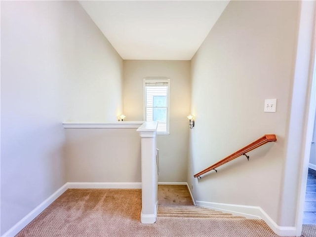 staircase featuring baseboards and carpet floors