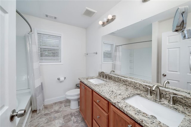 full bathroom with vanity, toilet, and shower / bathtub combination with curtain