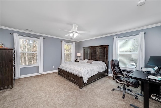 bedroom featuring multiple windows, ornamental molding, light colored carpet, and ceiling fan