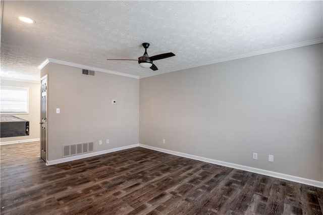 spare room featuring a textured ceiling, crown molding, dark hardwood / wood-style floors, and ceiling fan