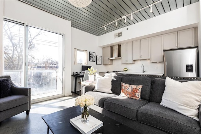 living room with visible vents, concrete floors, and rail lighting