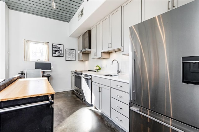 kitchen featuring visible vents, finished concrete floors, decorative backsplash, appliances with stainless steel finishes, and a sink