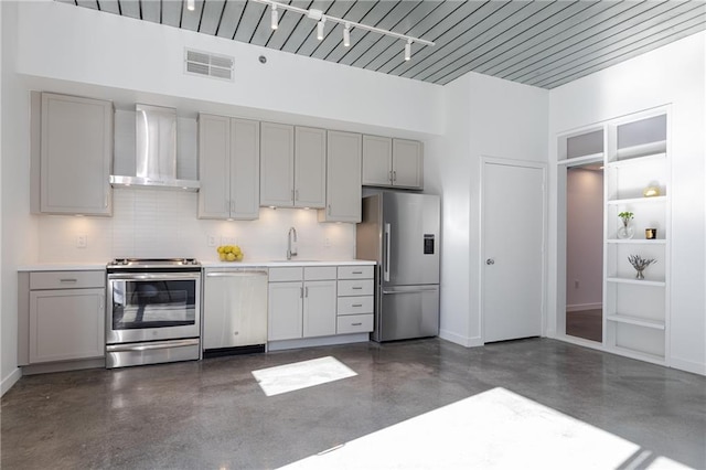 kitchen with visible vents, gray cabinetry, stainless steel appliances, and wall chimney range hood