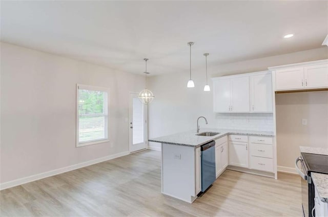 kitchen featuring white cabinetry, stainless steel appliances, light hardwood / wood-style flooring, kitchen peninsula, and decorative light fixtures