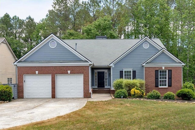ranch-style house with brick siding, an attached garage, concrete driveway, and a front yard