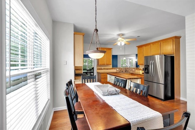 dining space with a ceiling fan, wood finished floors, and baseboards