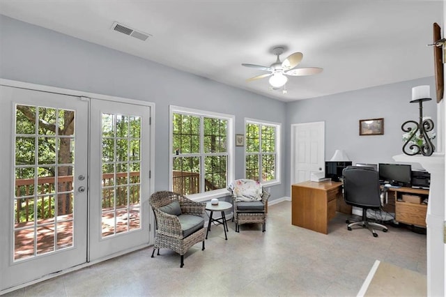 office featuring french doors, a ceiling fan, and baseboards