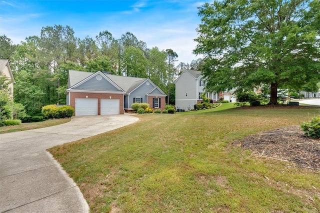 view of front facade featuring concrete driveway, a garage, brick siding, and a front lawn