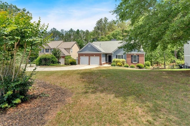 ranch-style house featuring a garage, concrete driveway, a front yard, and brick siding