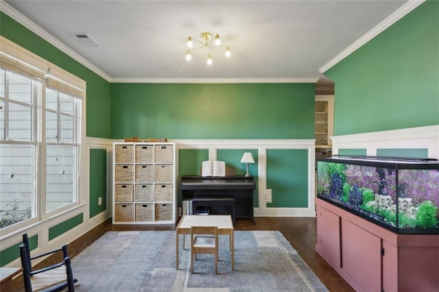 interior space with crown molding and dark hardwood / wood-style floors