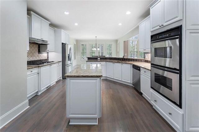 183 Applewood Ln, Acworth, GA 30101 - kitchen with stainless steel appliances, under cabinet range hood, a peninsula, backsplash, and dark wood finished floors