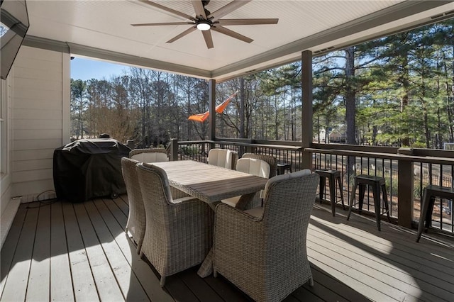 183 Applewood Ln, Acworth, GA 30101 - deck featuring a ceiling fan, outdoor dining area, grilling area, and view of scattered trees