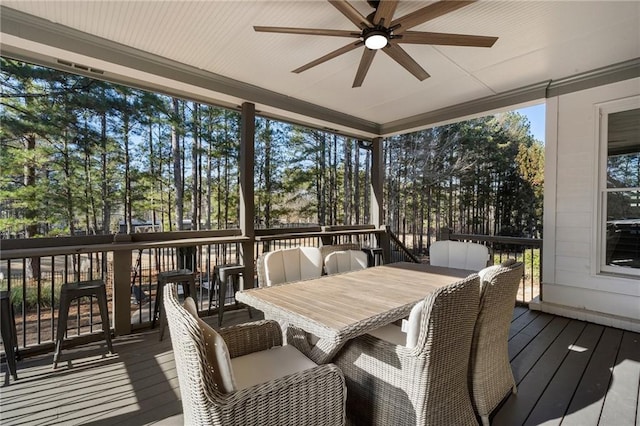183 Applewood Ln, Acworth, GA 30101 - sunroom featuring a ceiling fan, outdoor dining space, and view of wooded area