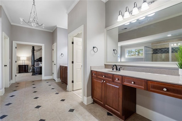 183 Applewood Ln, Acworth, GA 30101 - bathroom featuring vanity, tile patterned floors, ornamental molding, a chandelier, and tiled shower