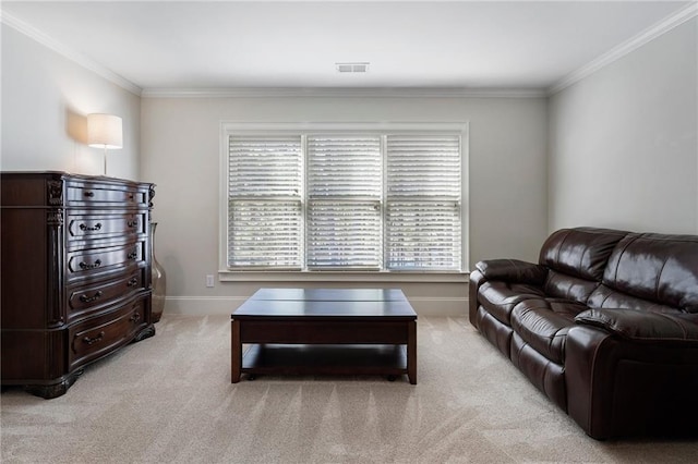 living room featuring crown molding and light carpet