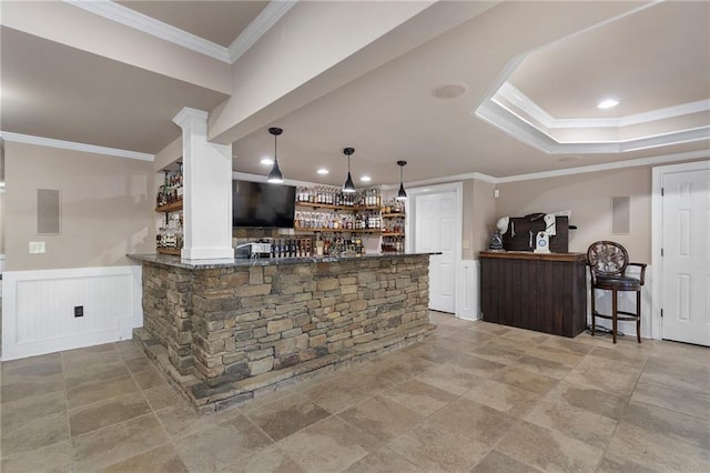 183 Applewood Ln, Acworth, GA 30101 - indoor bar with crown molding, a wainscoted wall, decorative light fixtures, and decorative columns
