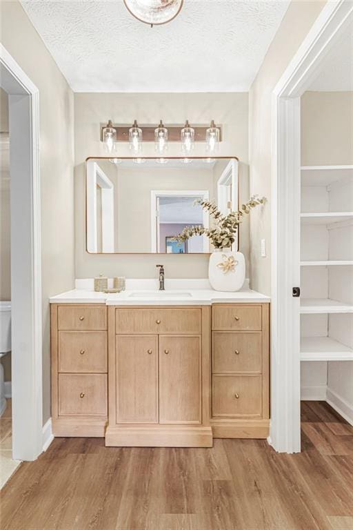 bathroom with wood finished floors, vanity, a textured ceiling, and baseboards