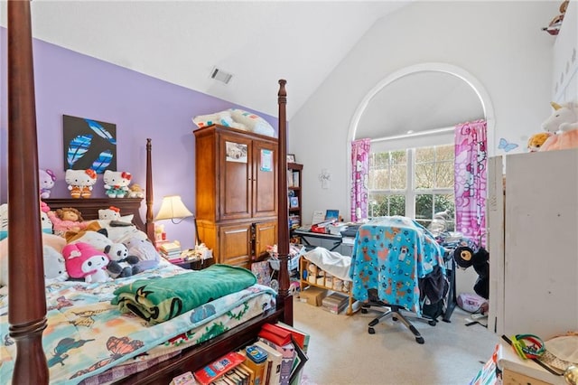 bedroom with lofted ceiling and carpet floors