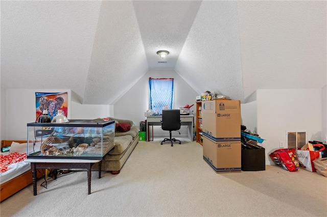 carpeted home office featuring lofted ceiling and a textured ceiling