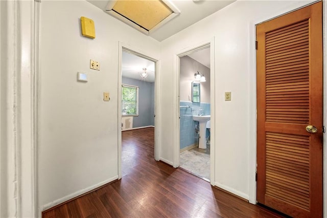 hall featuring dark hardwood / wood-style flooring, sink, and tile walls