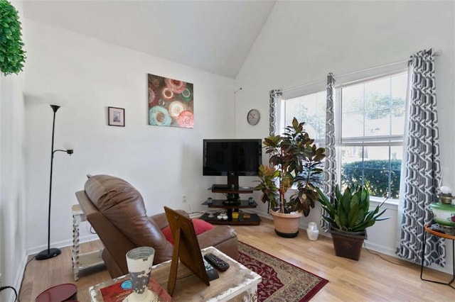 living room featuring hardwood / wood-style floors, vaulted ceiling, and a healthy amount of sunlight