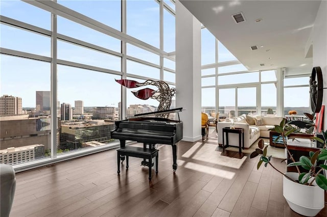 miscellaneous room with a towering ceiling, wood-type flooring, and floor to ceiling windows