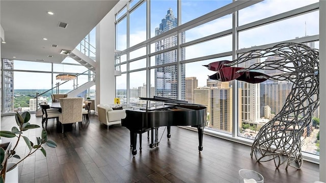 misc room with floor to ceiling windows, dark hardwood / wood-style floors, and plenty of natural light