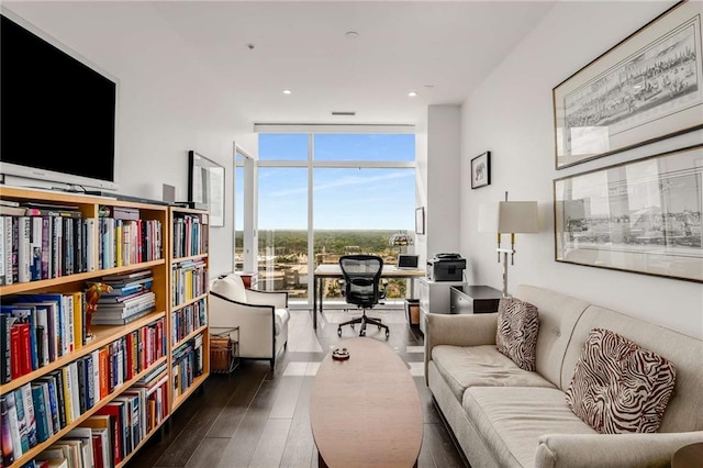 living area featuring expansive windows and dark wood-type flooring